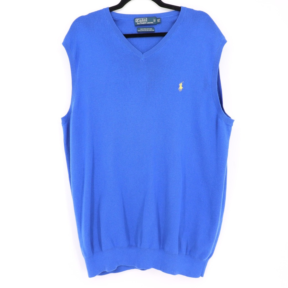 Polo Ralph Lauren Blue Pima Cotton V-Neck Sweater Vest Mens XLT Tall Yellow Pony